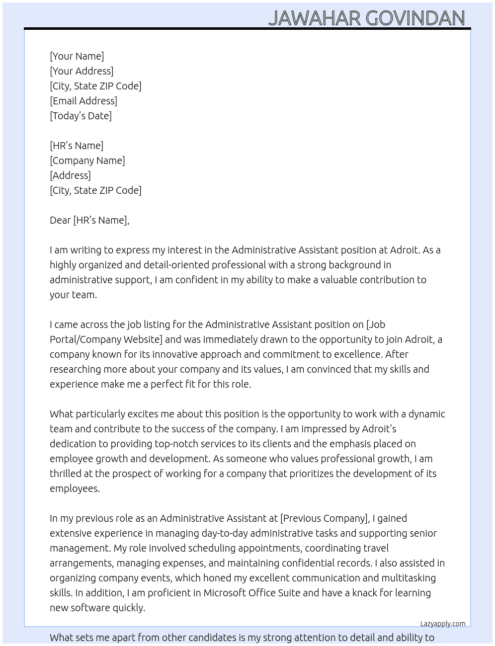 Administrative assistant  At Adroit  Cover Letter