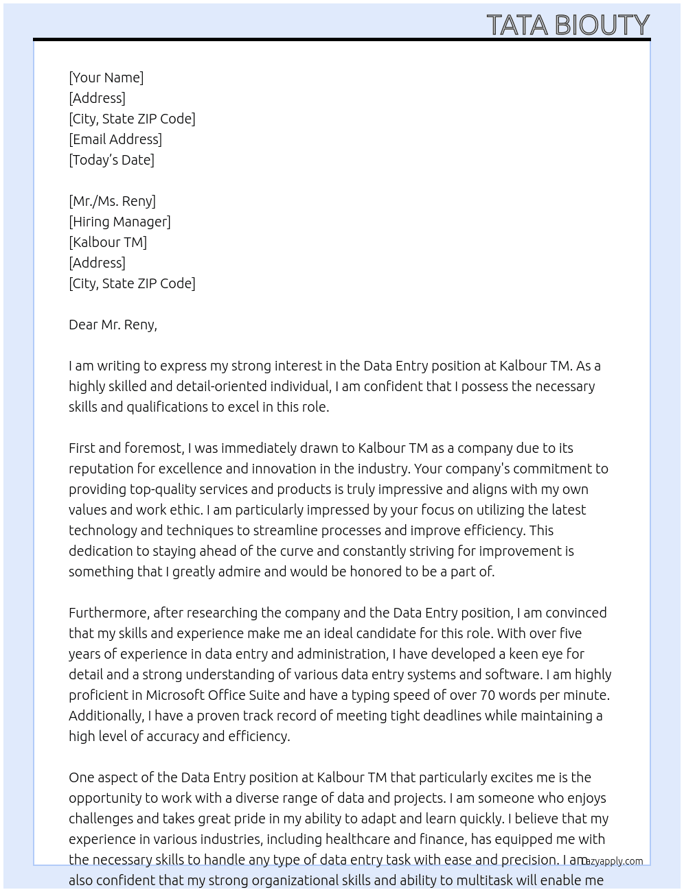 data entry At Kalbour TM Cover Letter