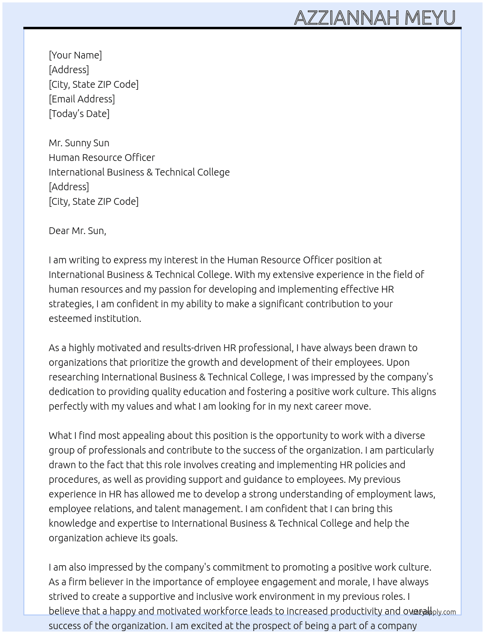 Human Resource Officer  At International Business & Technical College  Cover Letter