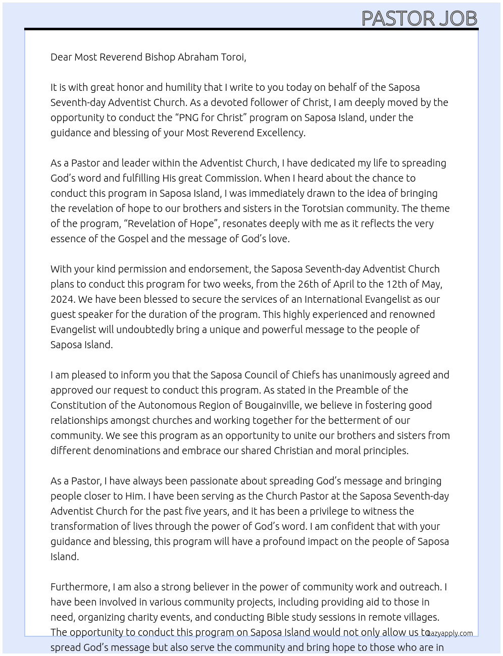 Pastor At To Bishop Cover Letter