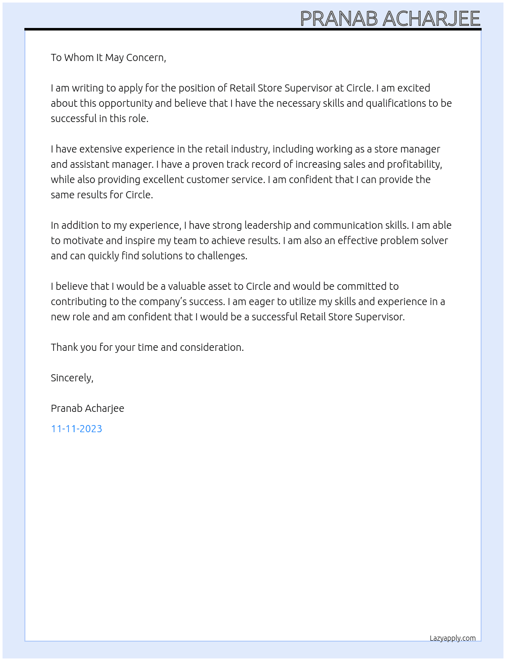 retail store supervisor At circle Cover Letter