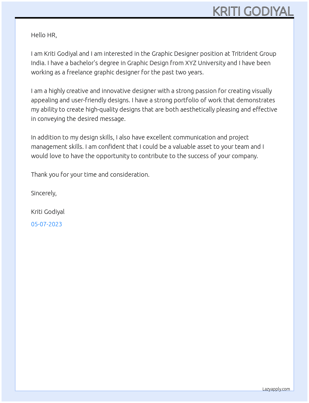 Graphic Designer At Tritrident Group india Cover Letter