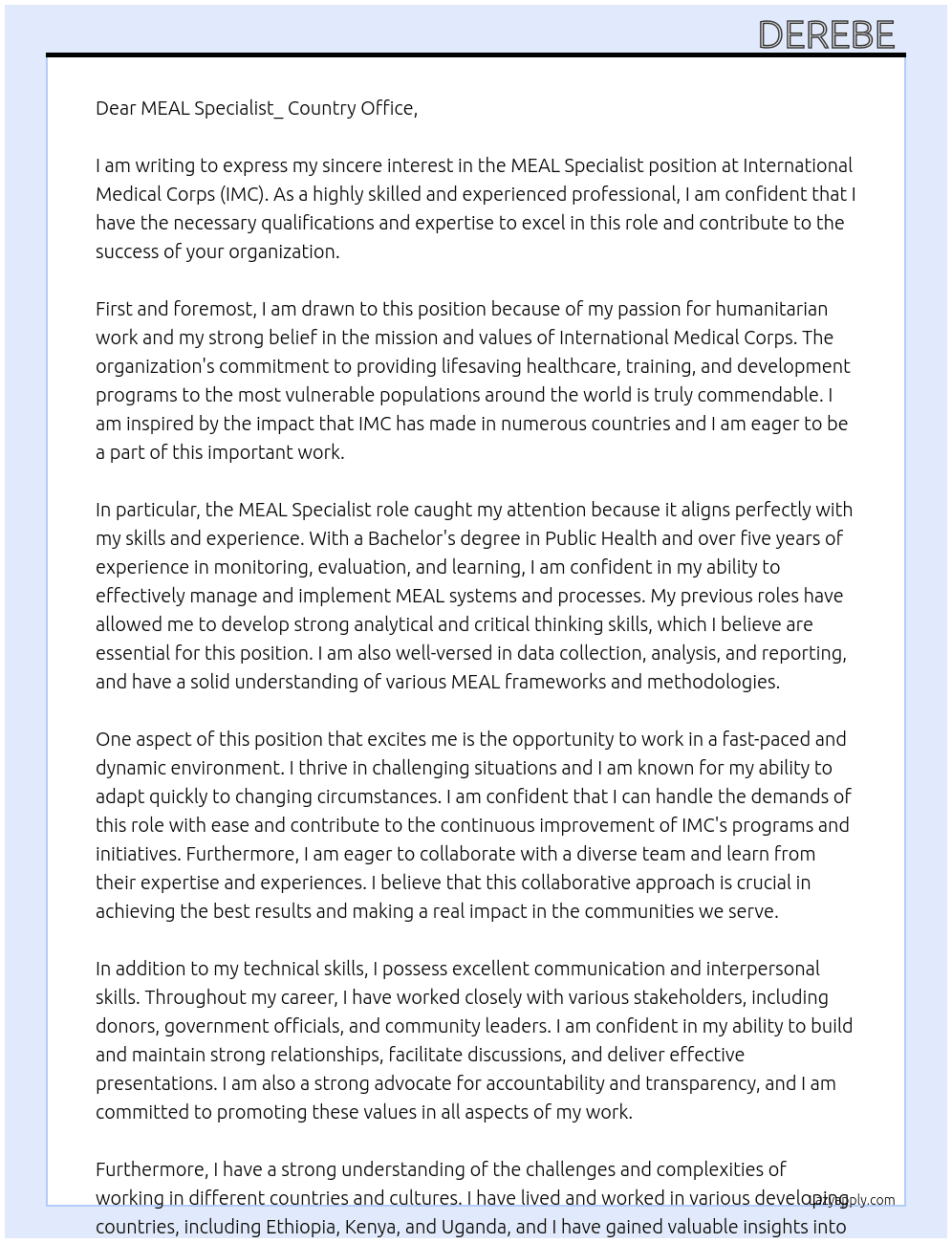 International Medical Corps (IMC) At MEAL Specialist_ Country Office Cover Letter