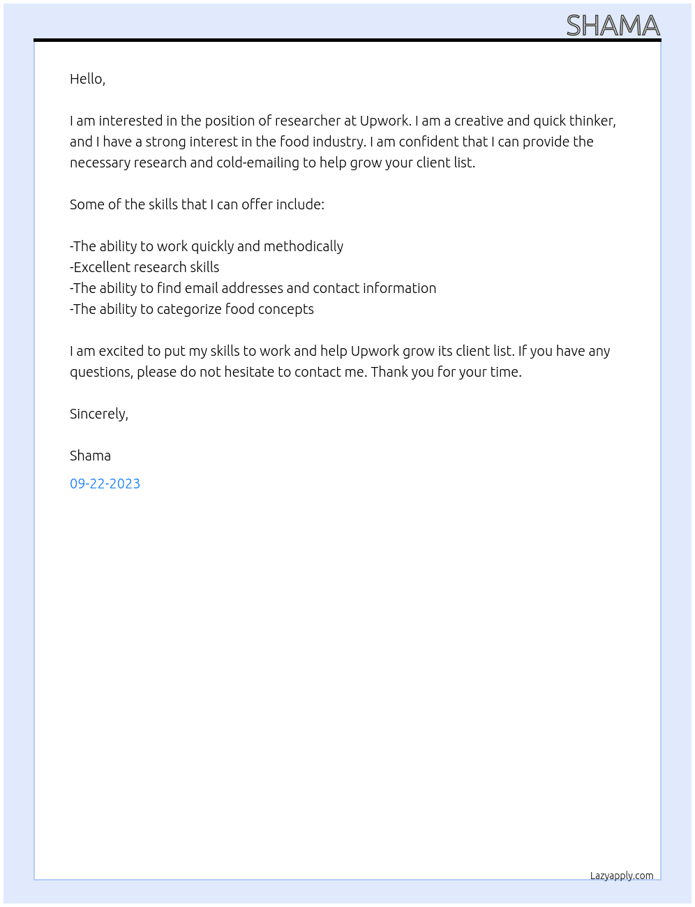 researcher At upwork Cover Letter