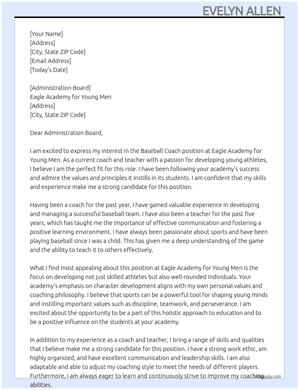Baseball coach  At Eagle Academy for Young amen  Cover Letter