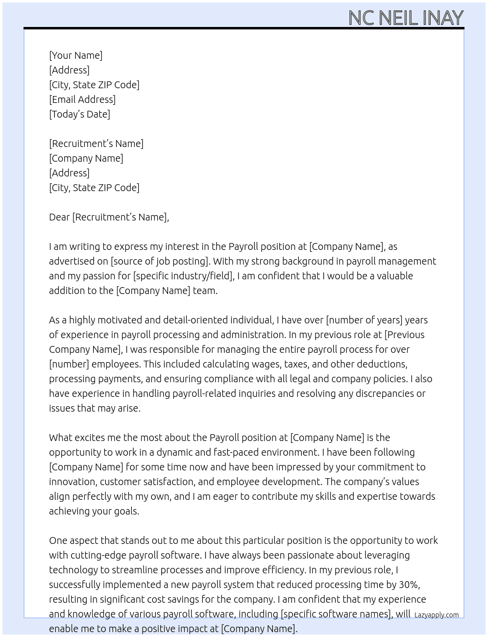 Payroll  At eprenllc Cover Letter