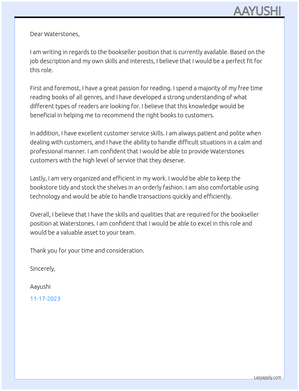 Book seller  At Waterstones Cover Letter