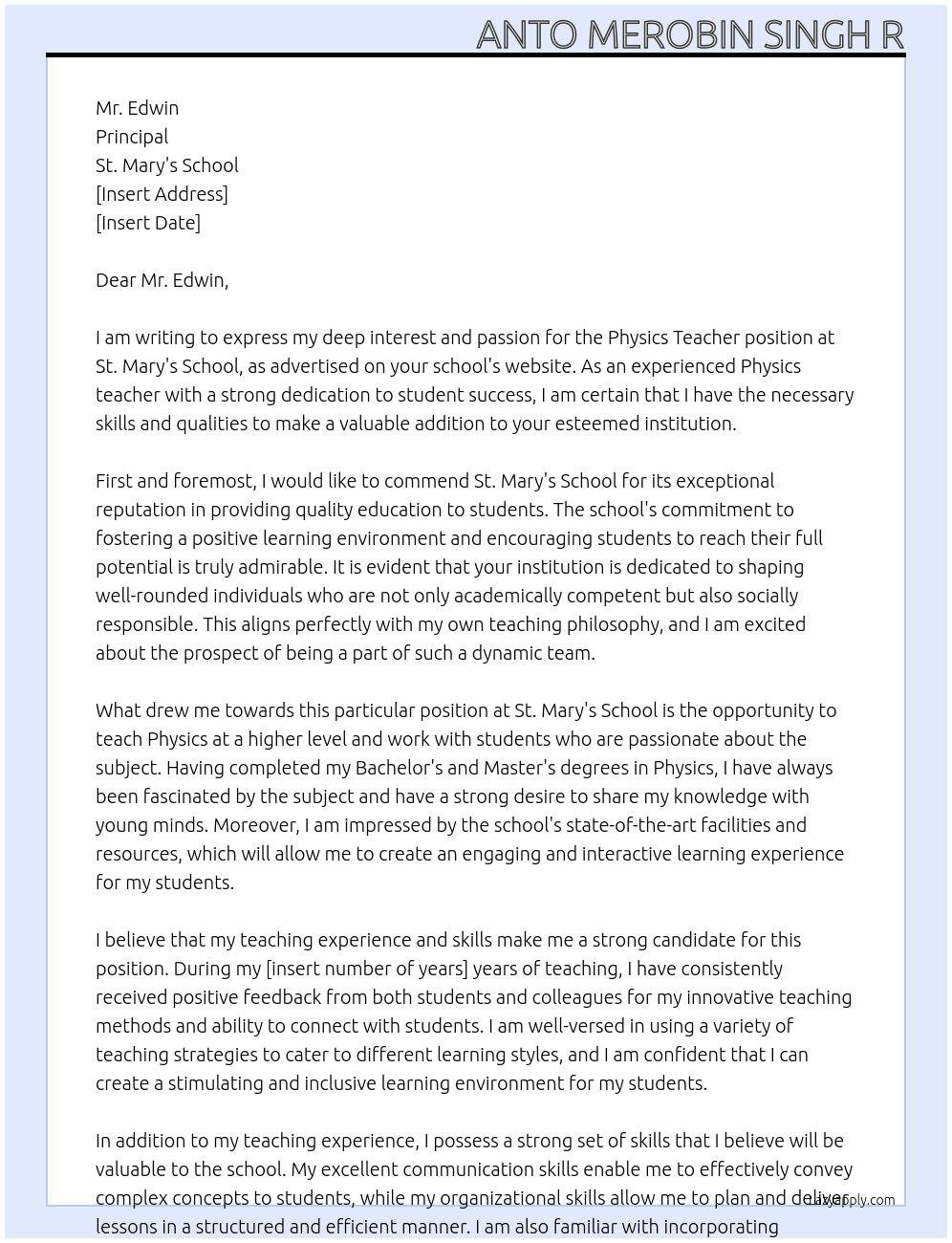 Physics Teacher  At St.Mary's school Cover Letter