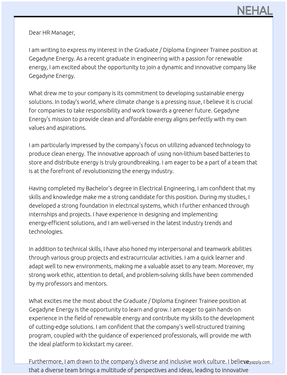Graduate / Diploma Engineer Trainee At Gegadyne Energy Cover Letter