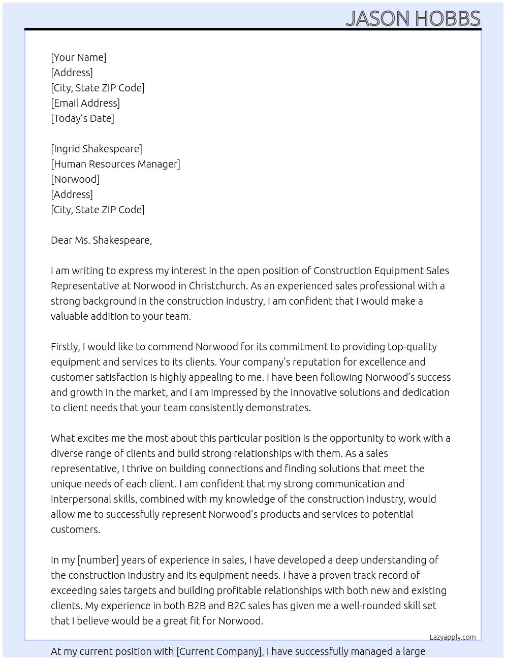Construction Equipment Sales Representative - Christchurch At Norwood Cover Letter