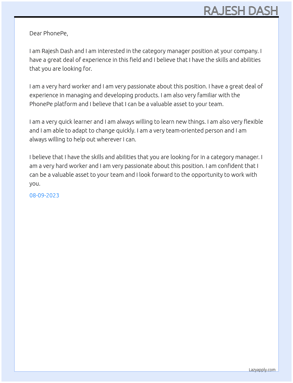 category manager At PhonePe Cover Letter