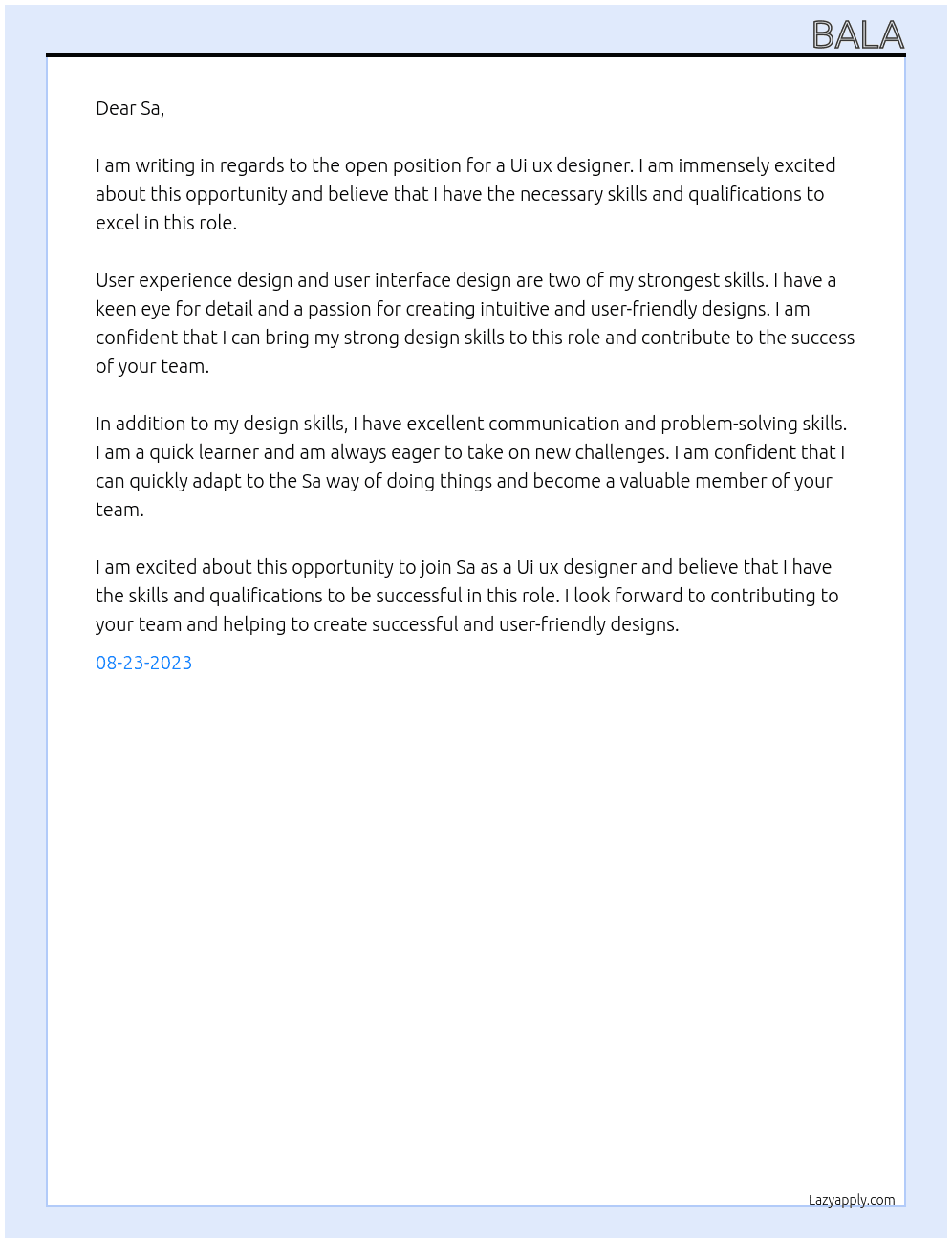 Ui ux designer At Sa Cover Letter