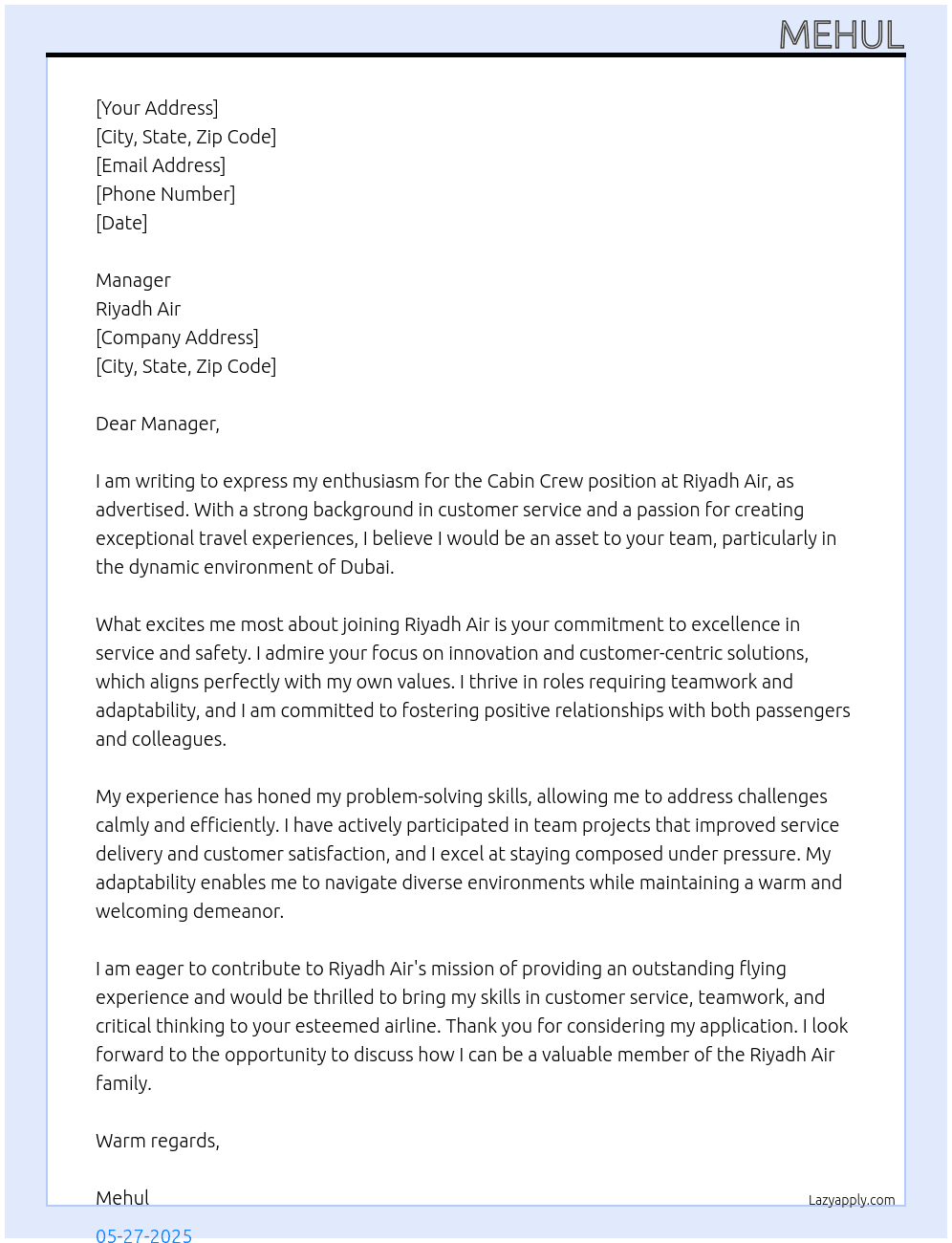 Cabin crew At Riyadh air Cover Letter