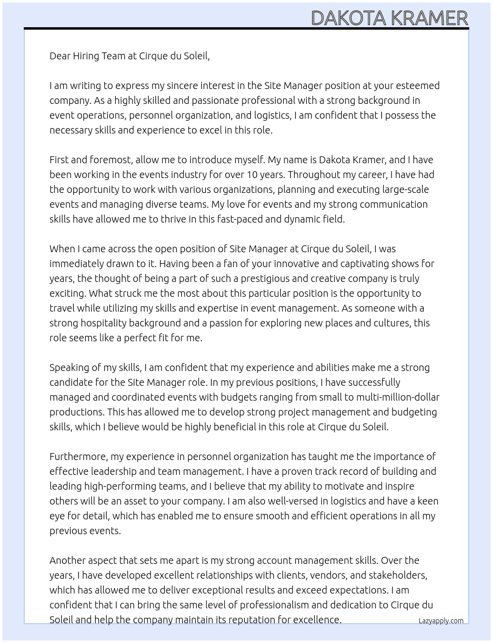 Site Manager At Cirque du Soleil Cover Letter