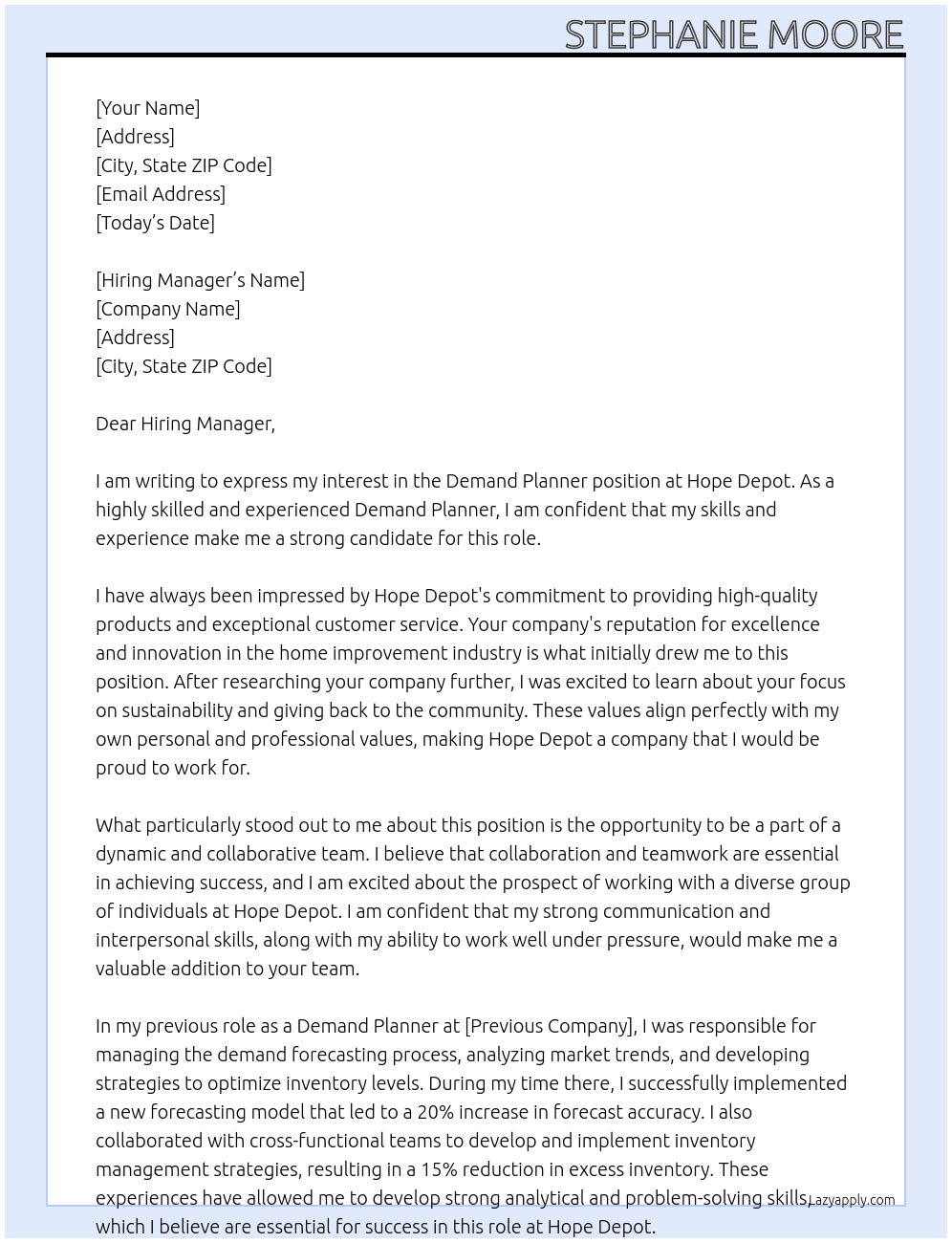 Demand Planner At Hope Depot Cover Letter
