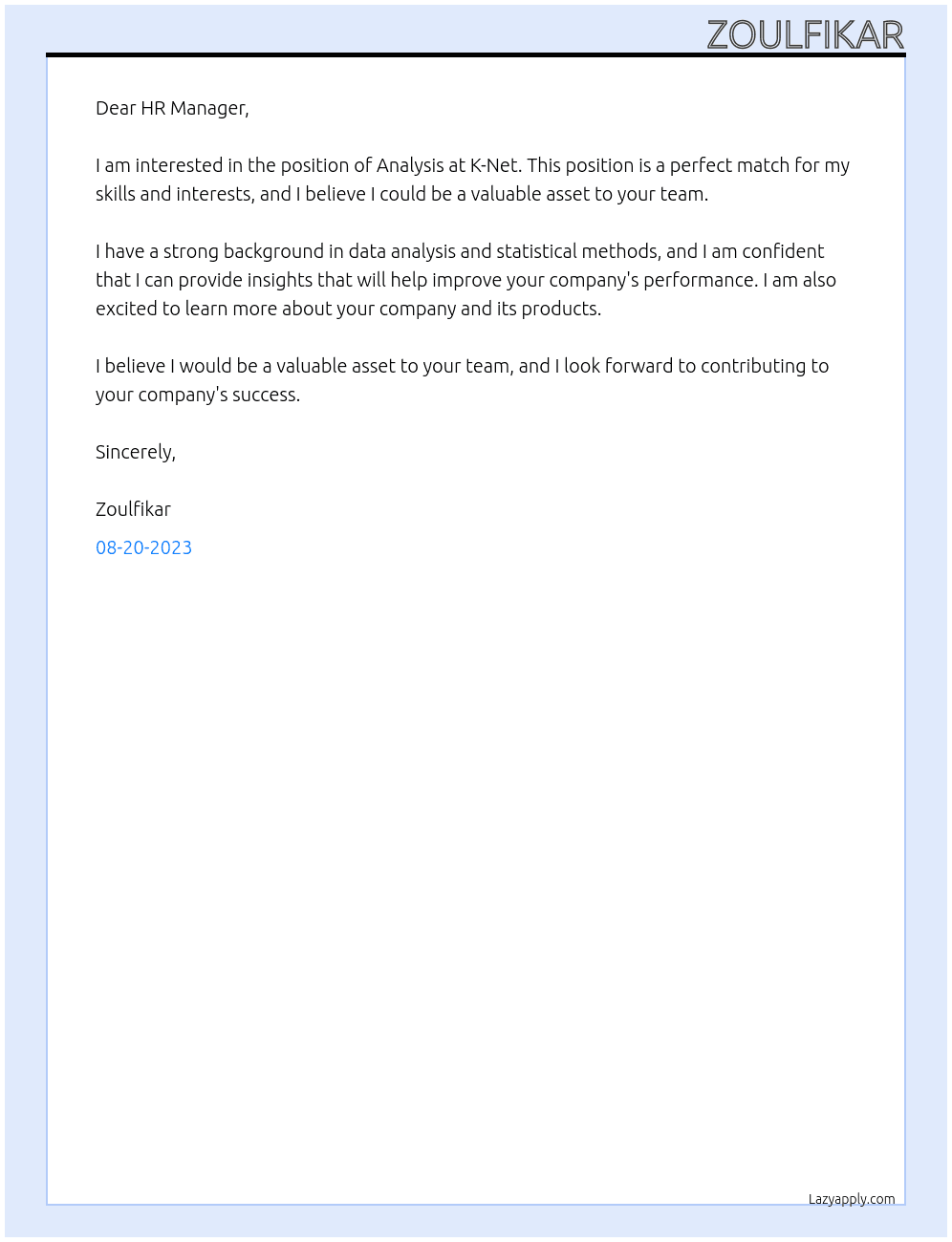 Analysis  At K-Net Cover Letter