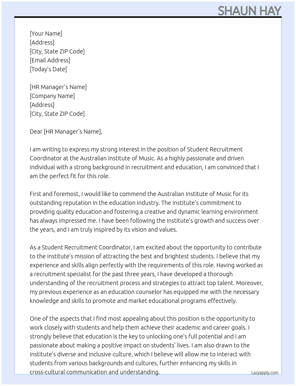 Student Recruitment  Coordinator At Australian Institute of Music Cover Letter