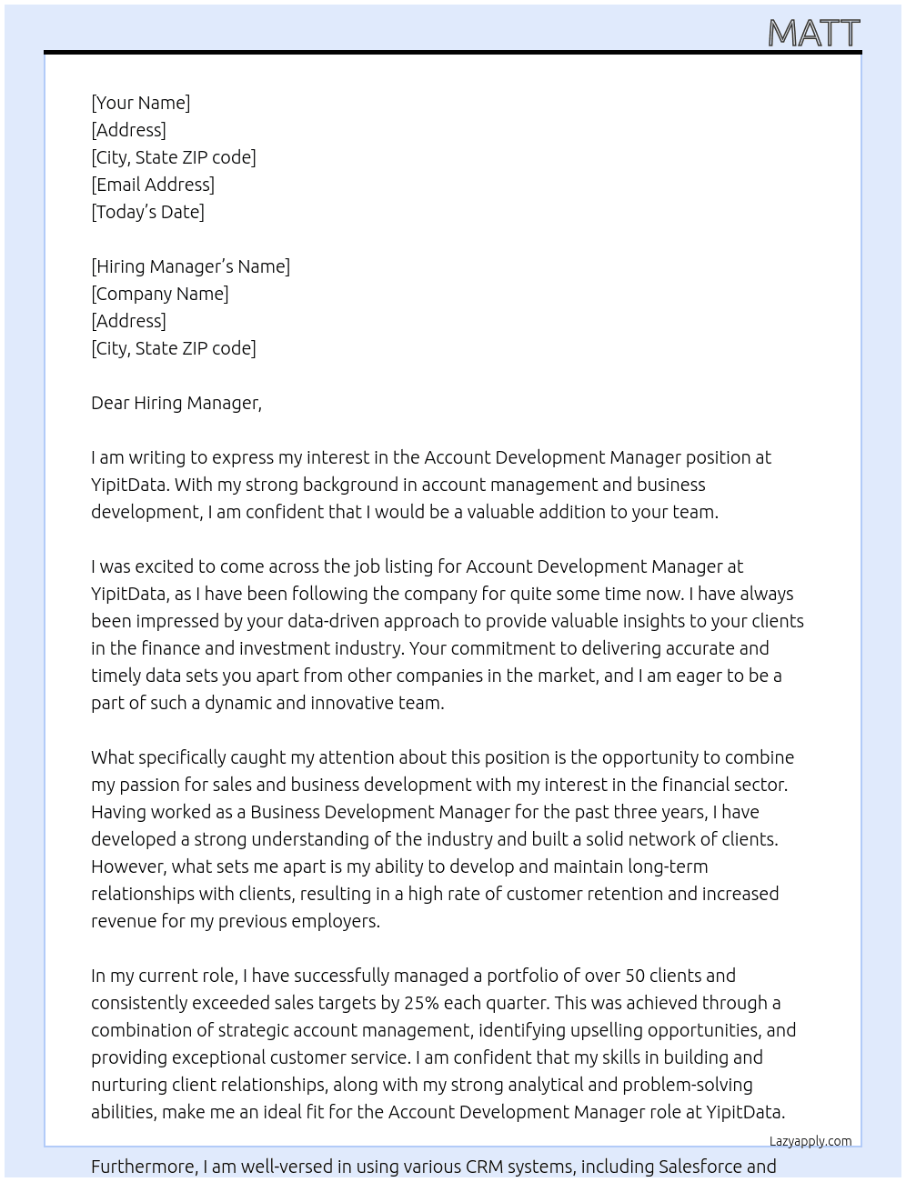 Account Development Manager At YipitData Cover Letter