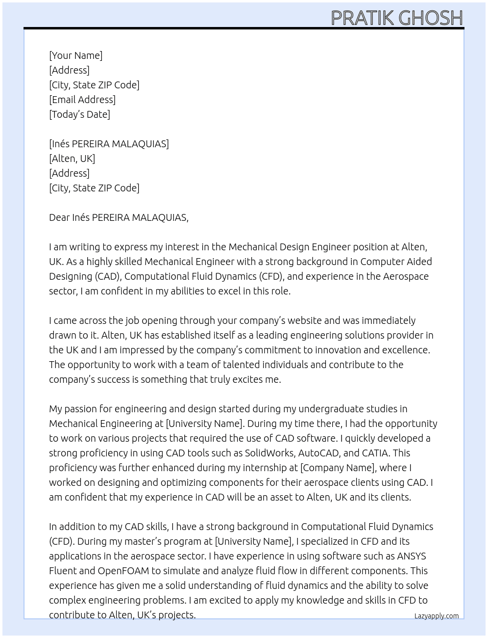 Mechanical Design Engineer At Alten,UK Cover Letter