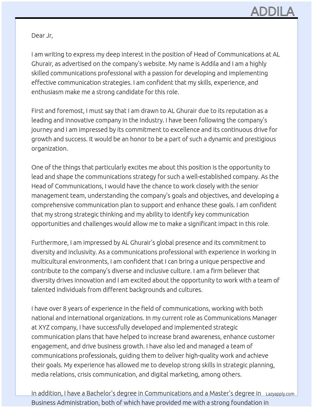 head of communications  At AL Ghurair  Cover Letter