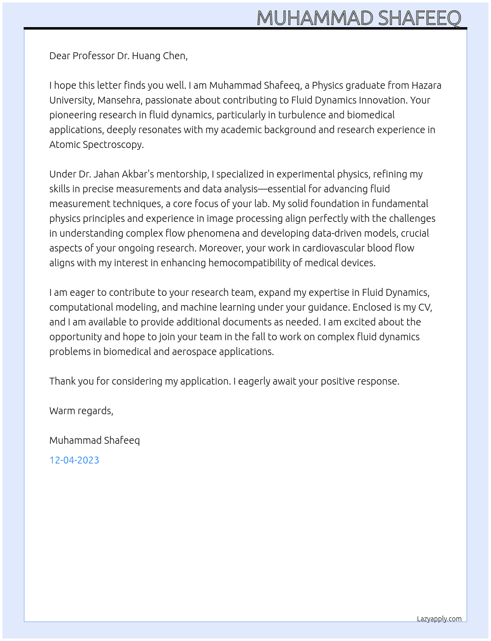 Fluid Dynamics Enthusiast  At University of Nevada, Las Vegas  Cover Letter
