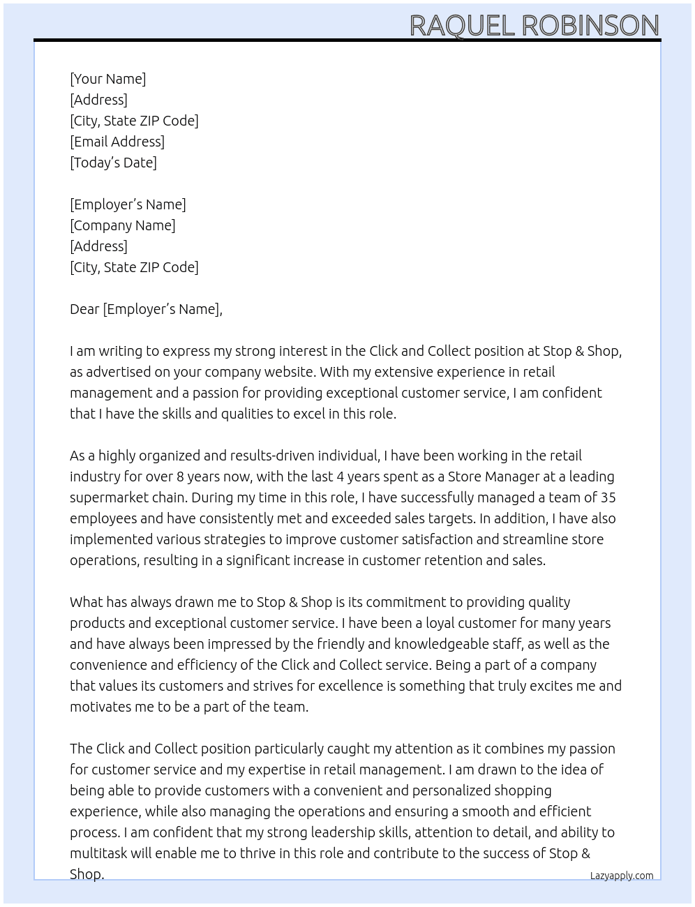 Click and Collect At Stop & Shop Cover Letter