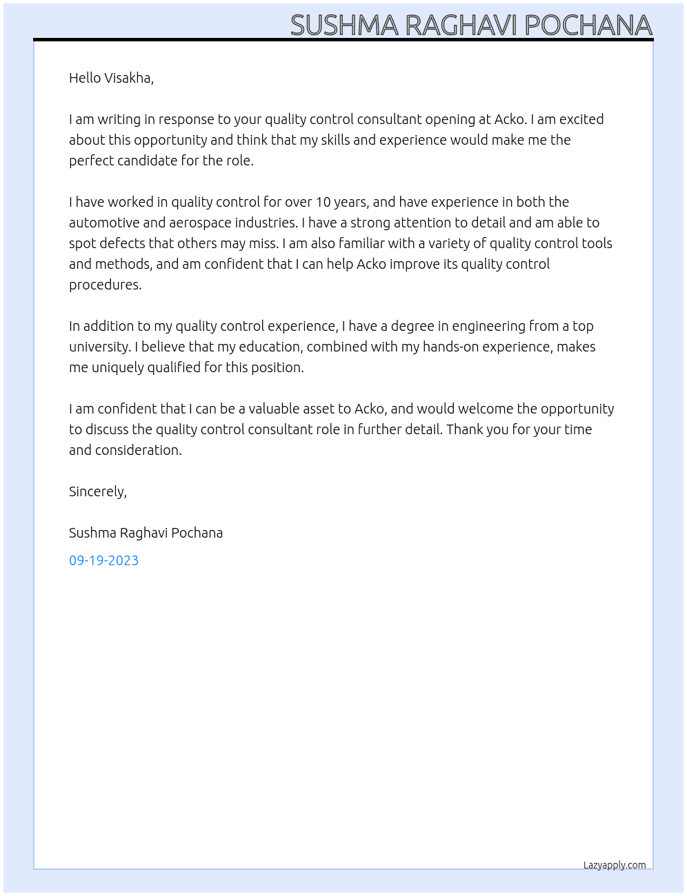 Quality control consultant At Acko Cover Letter