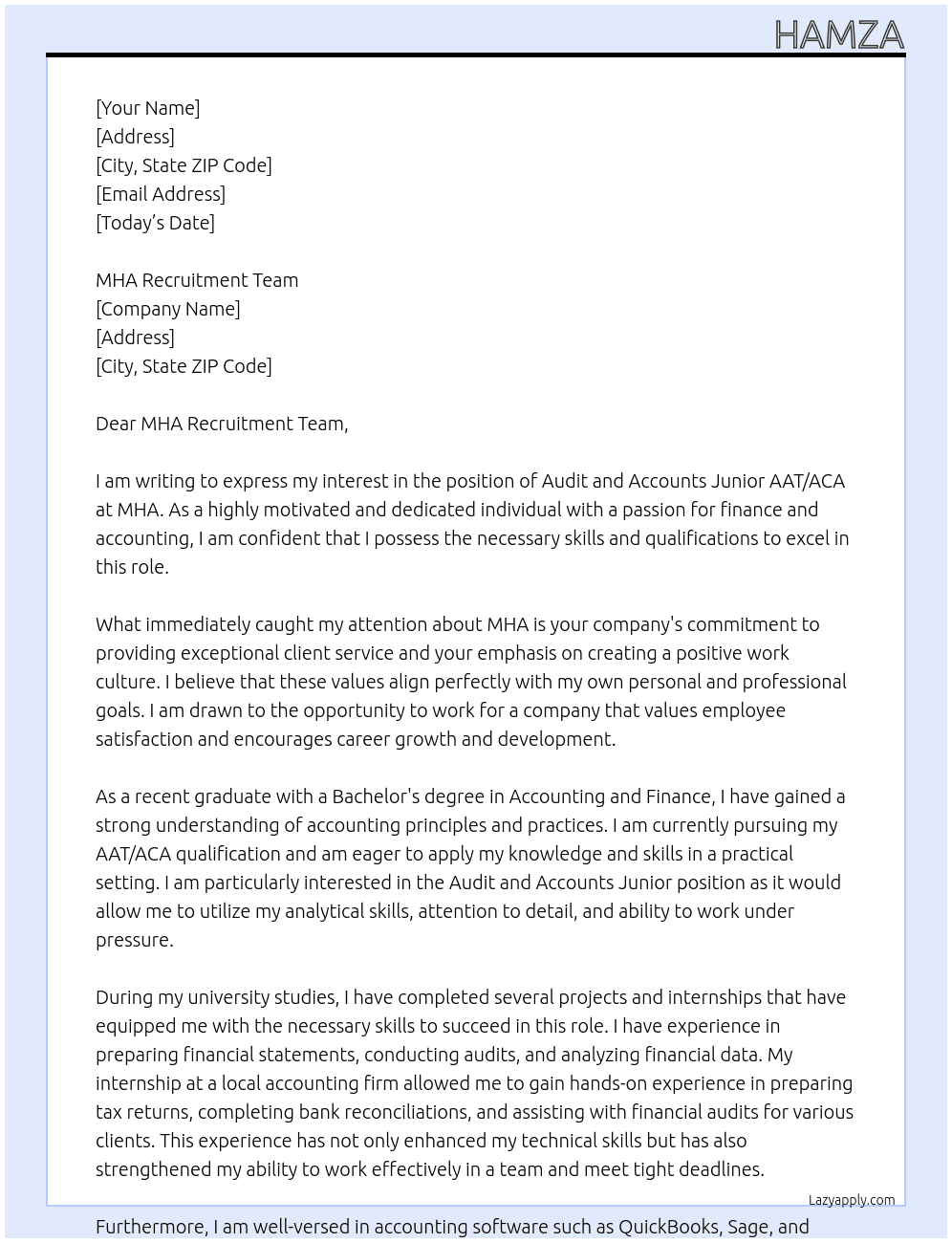 Audit and Accounts Junior AAT/ACA  At MHA Cover Letter