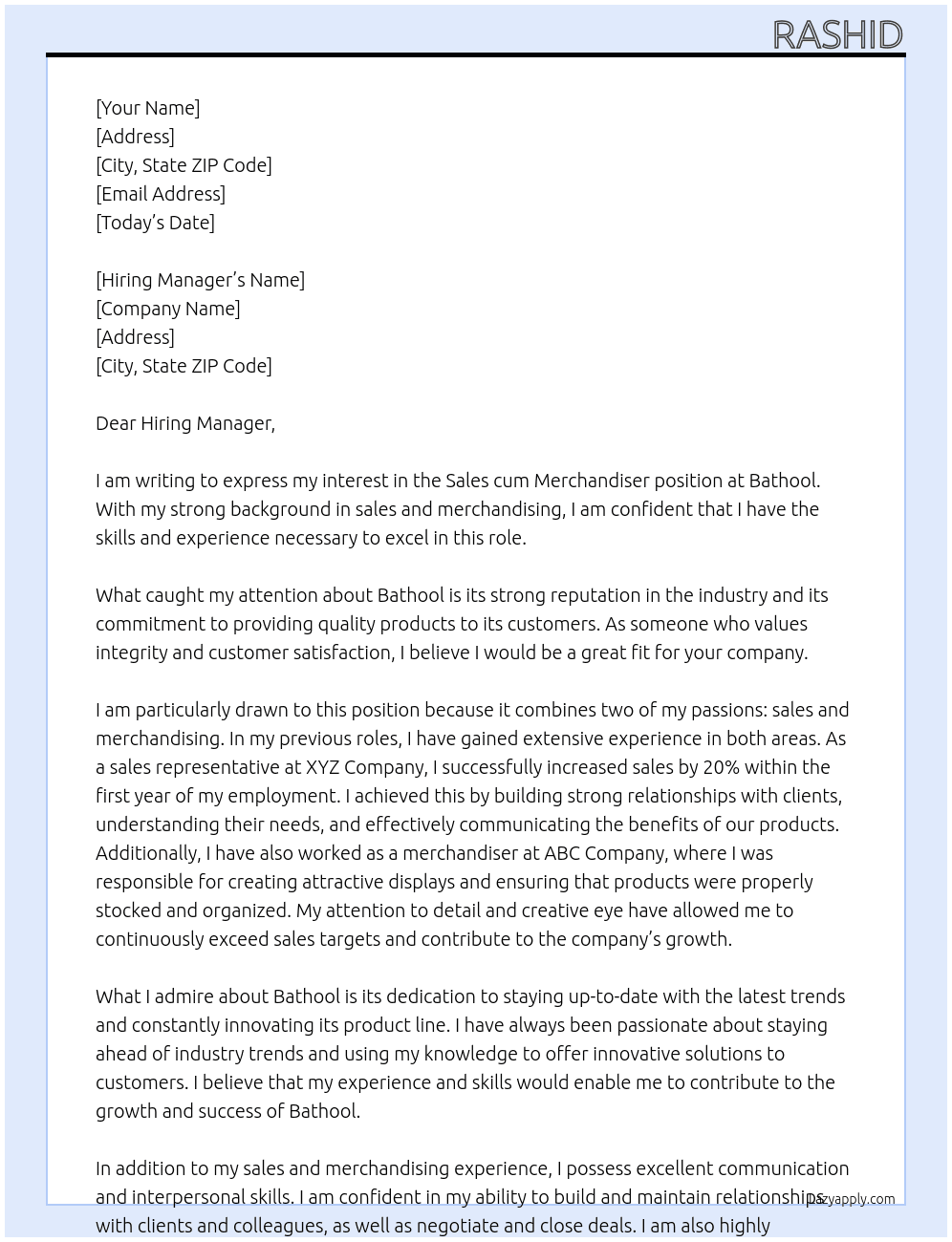 Sales cum Merchandiser At Bathool Cover Letter