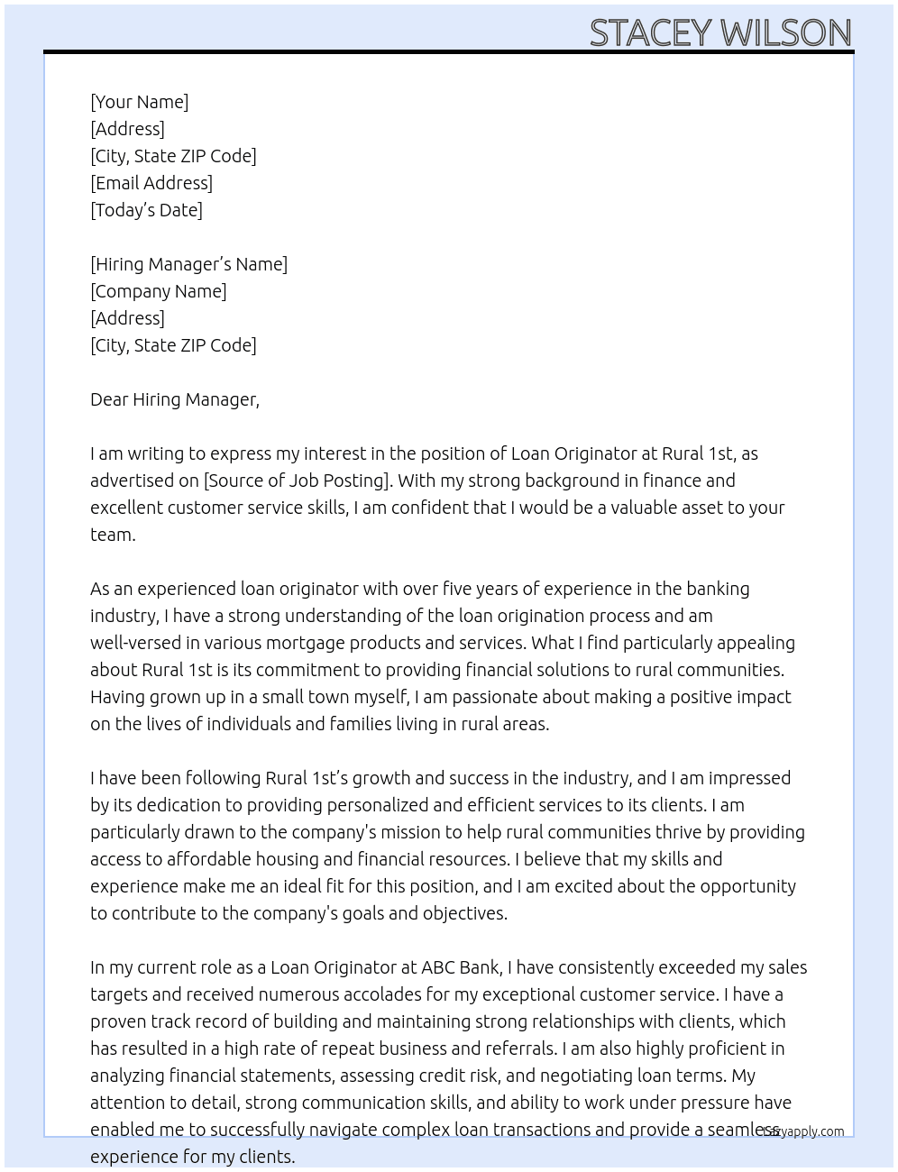 Loan Originator At Rural 1st Cover Letter