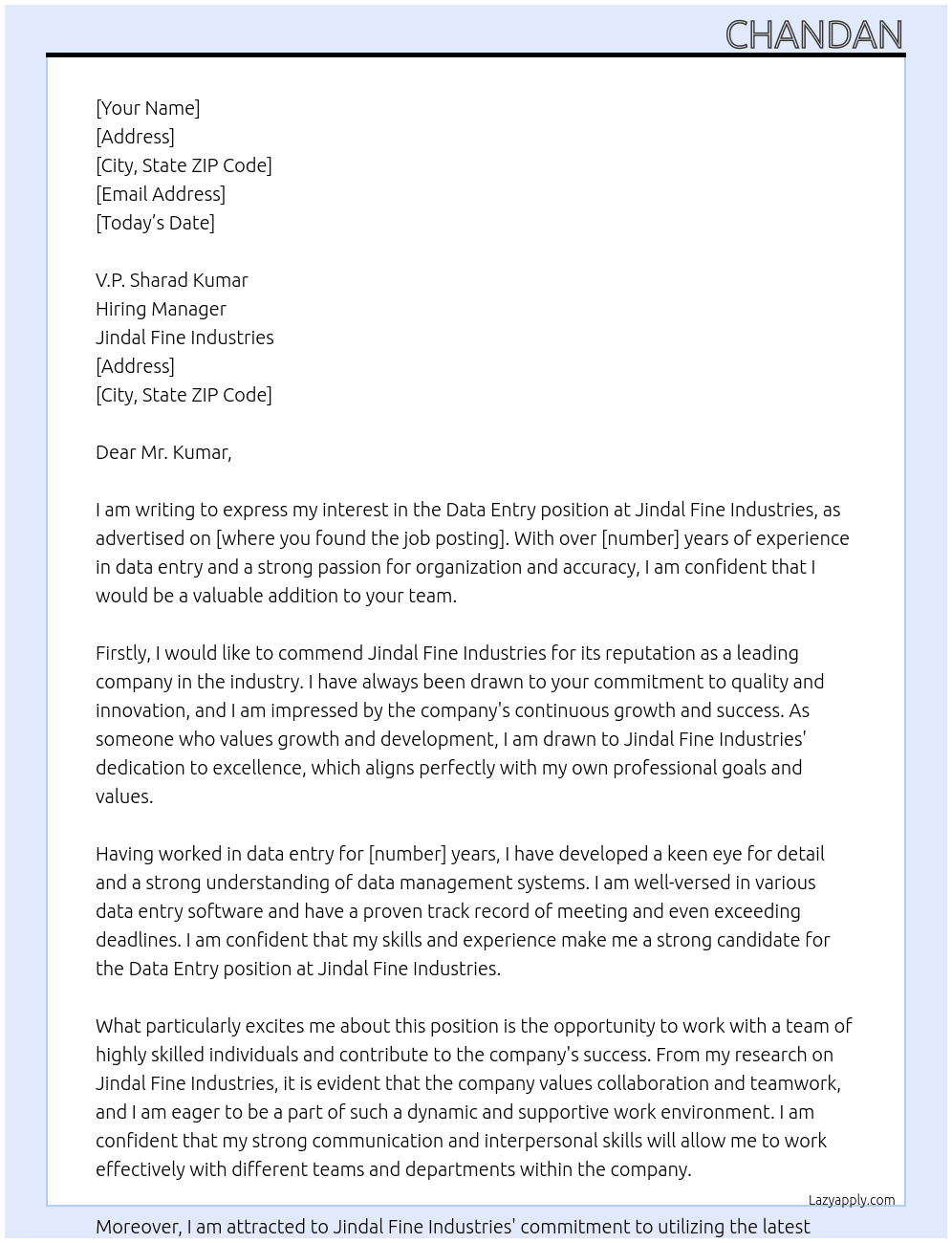 Data entry  At jindal fine industries Cover Letter