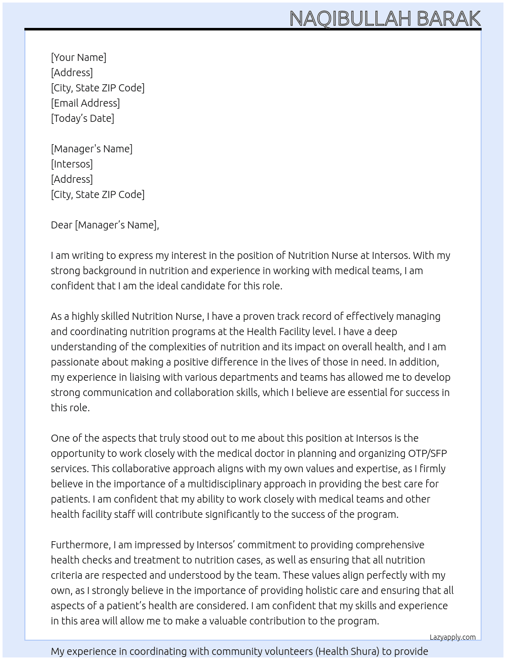 Nutrition Nurse  At INTERSOS Cover Letter