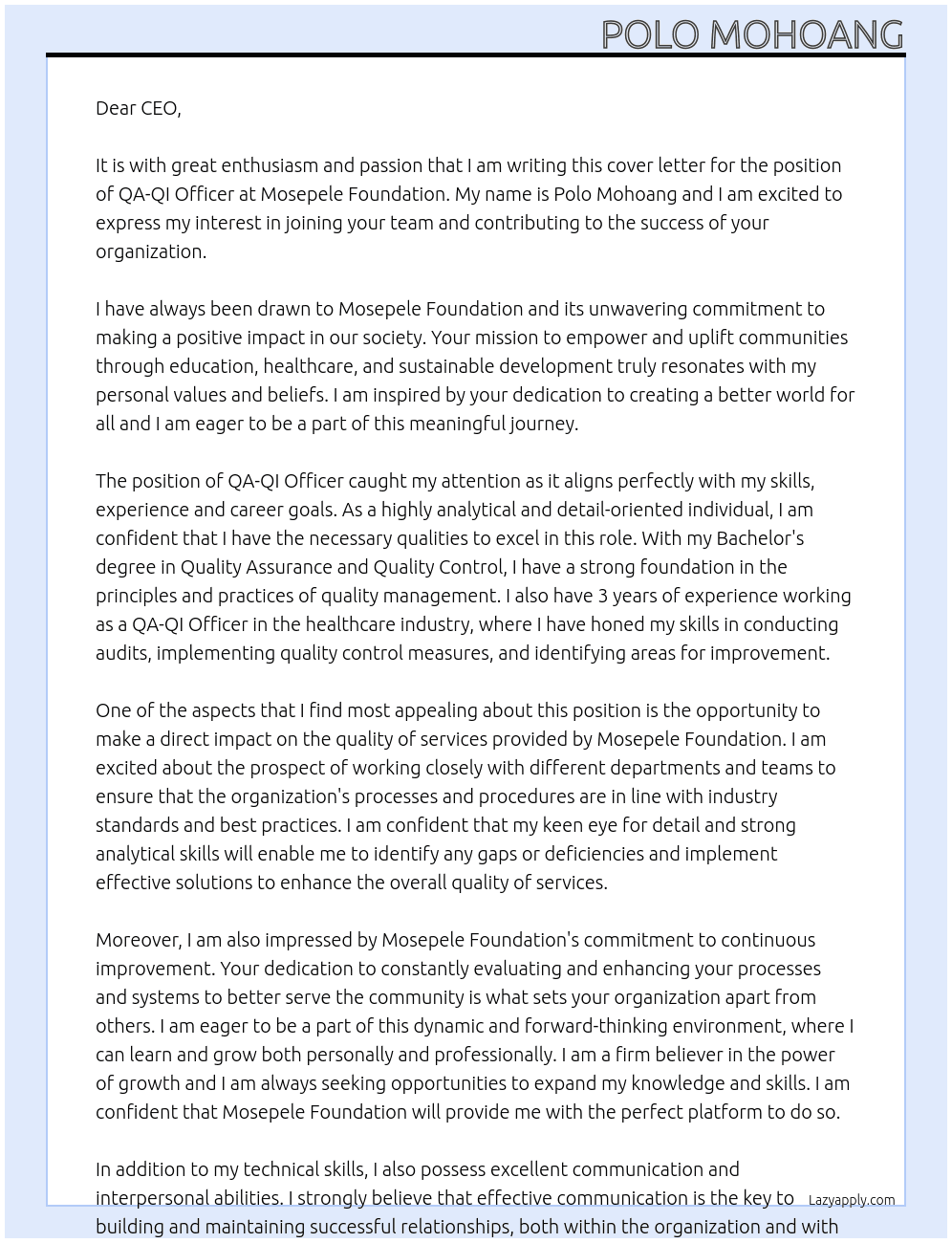 QA-QI Officer At MOSEPELE FOUNDATION Cover Letter