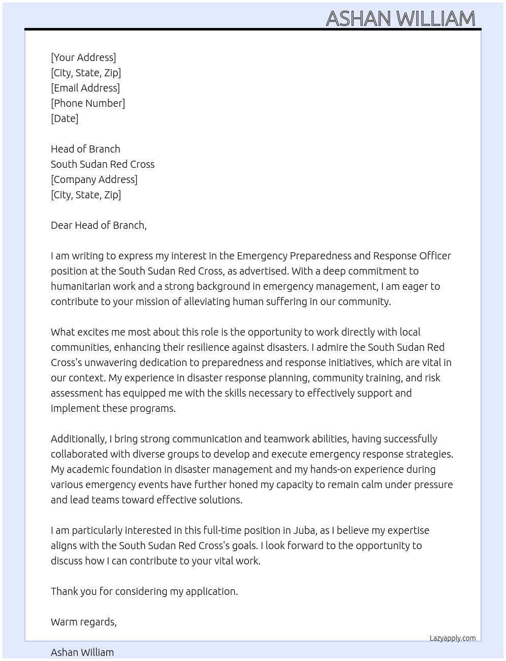 Emergency Preparedness and Response officer At South Sudan Red Cross  Cover Letter