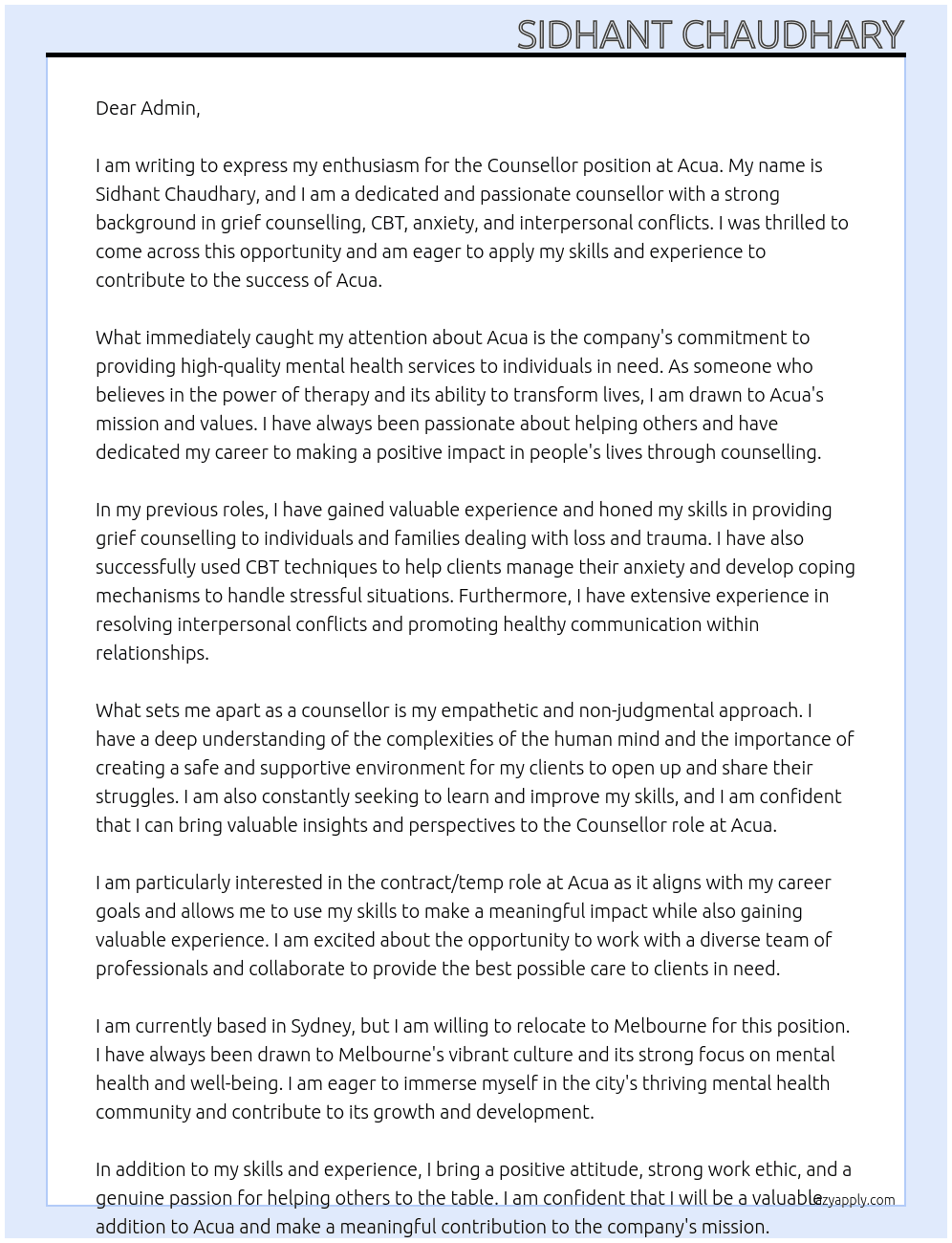 Counsellor At Acua Cover Letter