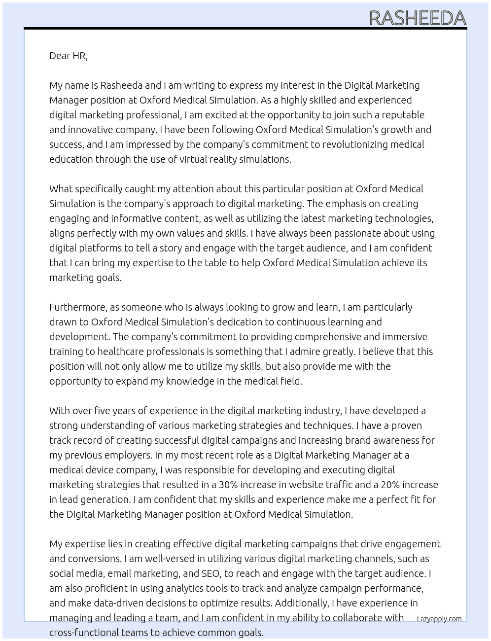 Digital Marketing Manager At oxford medical simulation. Cover Letter
