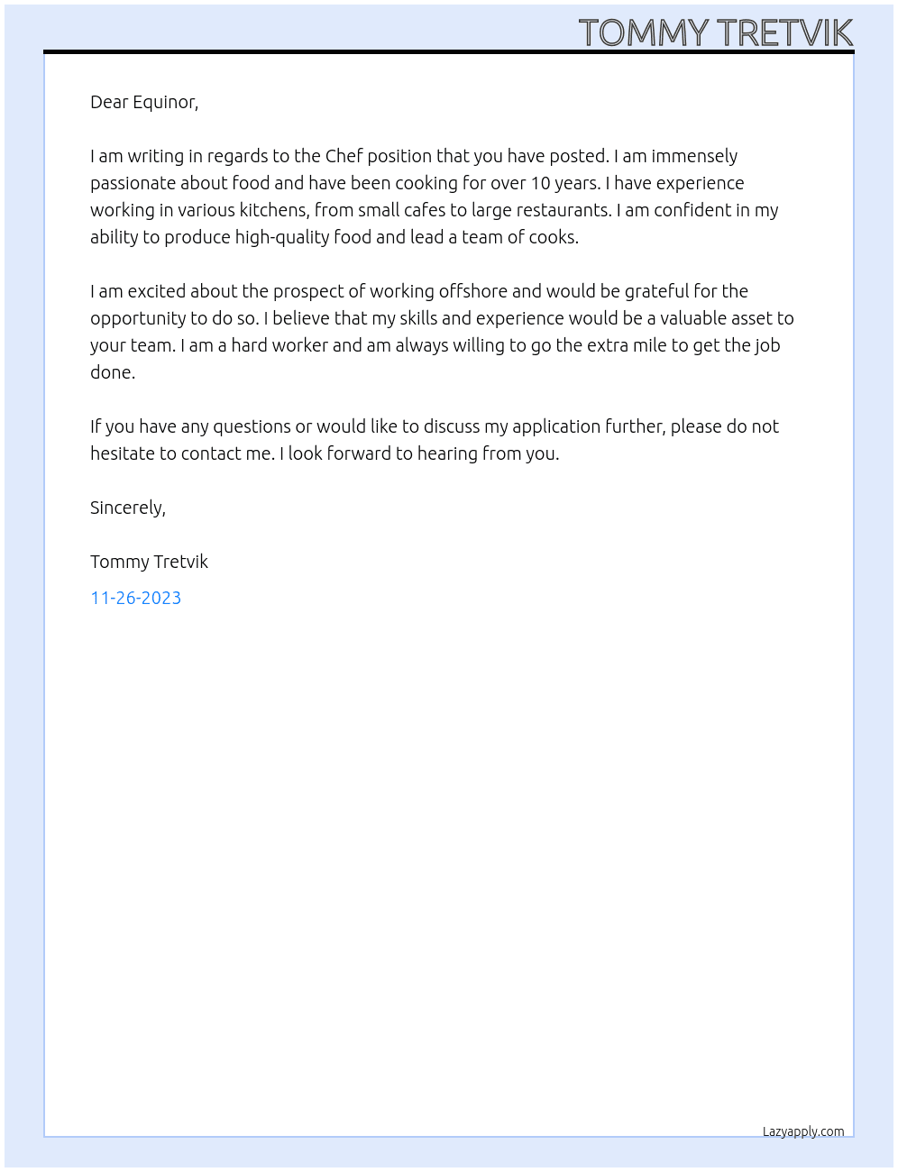 Chef At Equinor Cover Letter