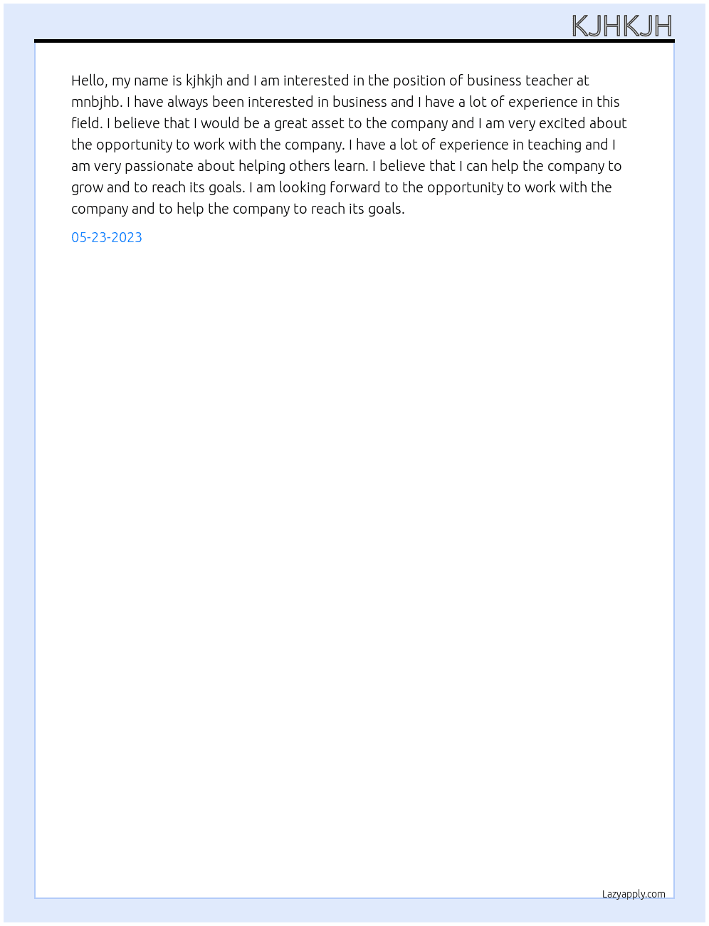 business teacher At mnbjhb Cover Letter