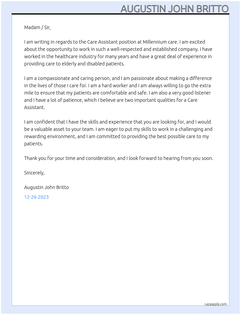 Care Assistant At Millennium care Cover Letter