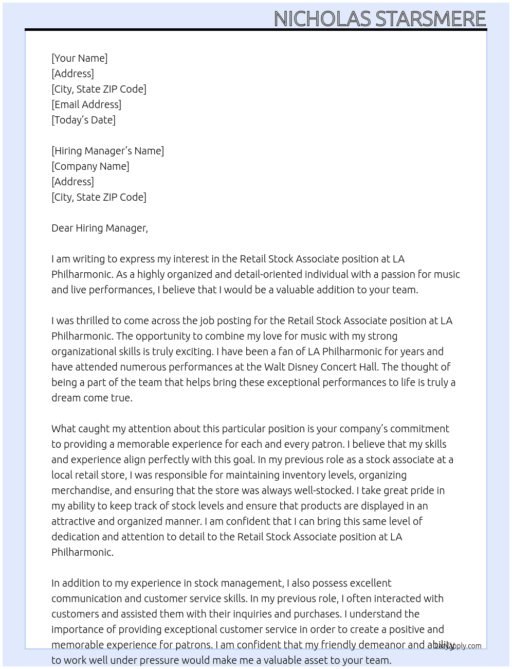 Retail Stock Associate At LA Philharmonic Cover Letter