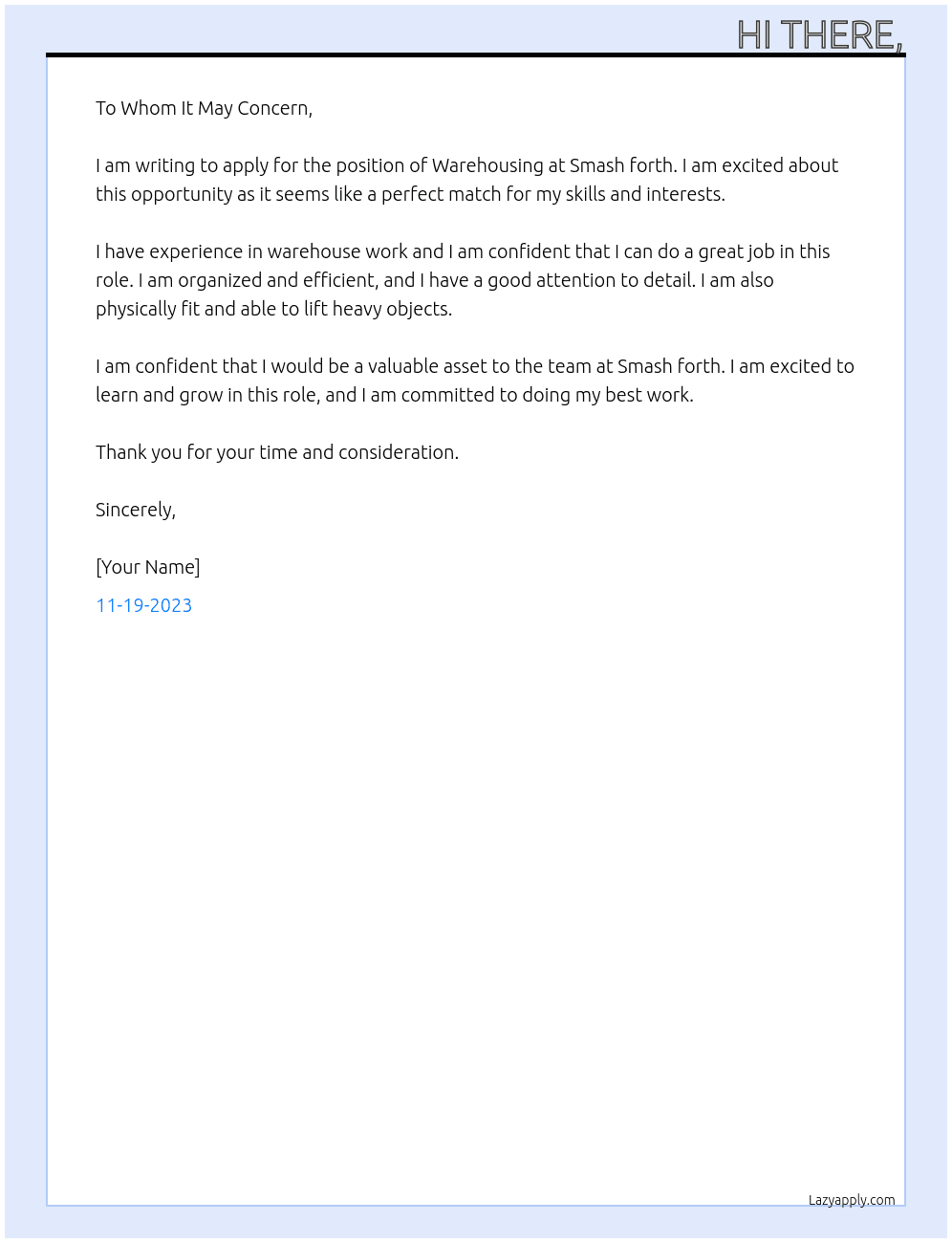 Warehousing At Smash forth  Cover Letter