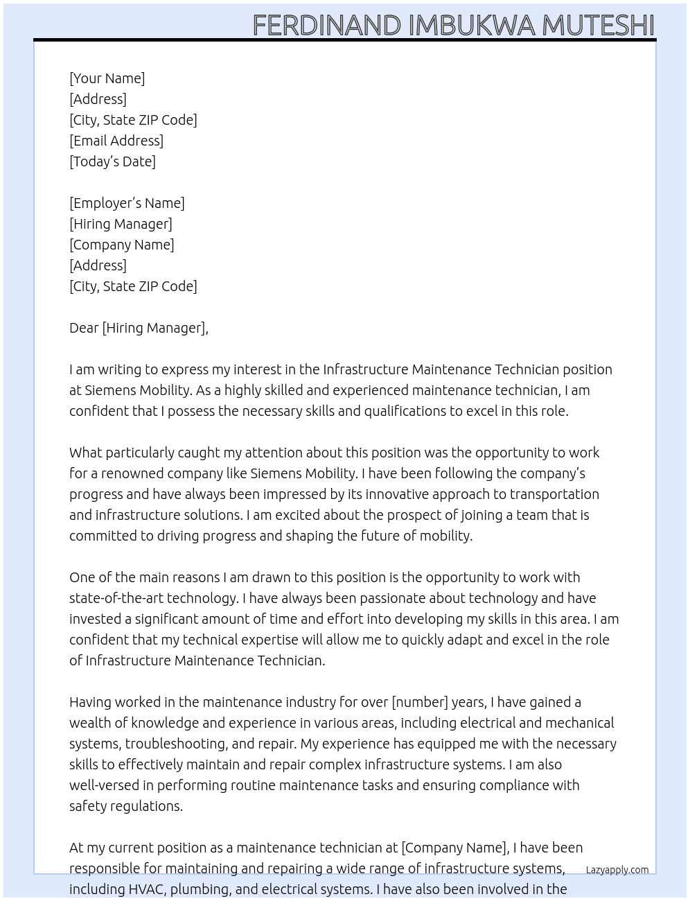 Infrastructure Maintenance Technician At siemens mobility Cover Letter