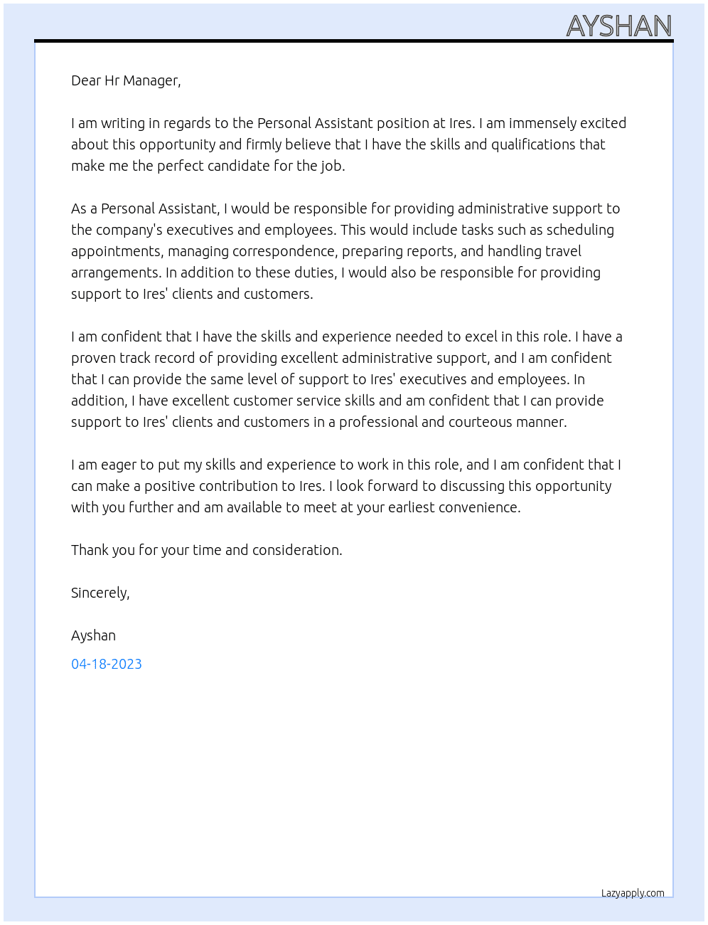 Personal Assistant At Ires Cover Letter