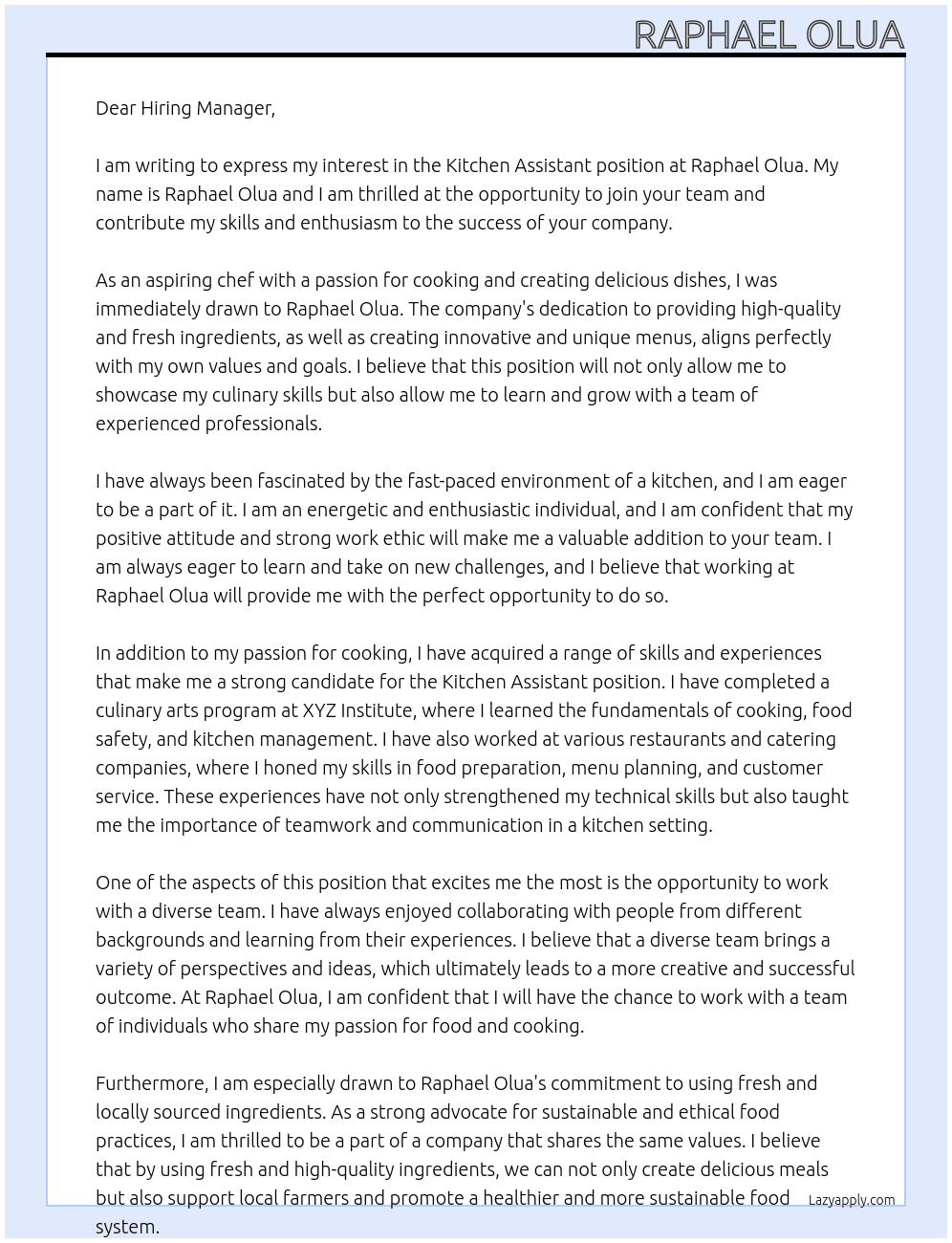 Kitchen Assistant  At Raphael Olua Cover Letter