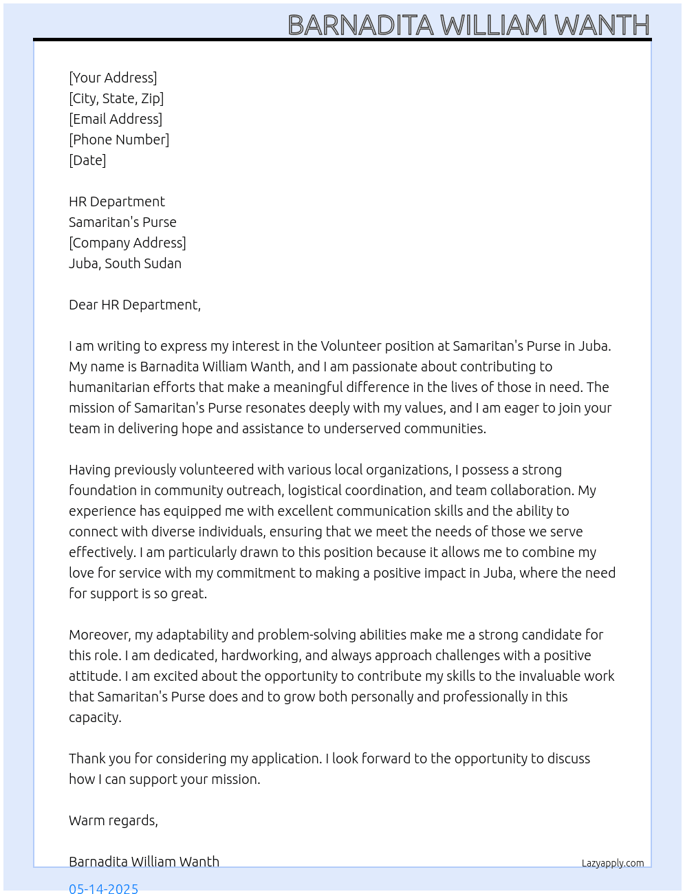 Volunteer At Samaritan Purse Cover Letter