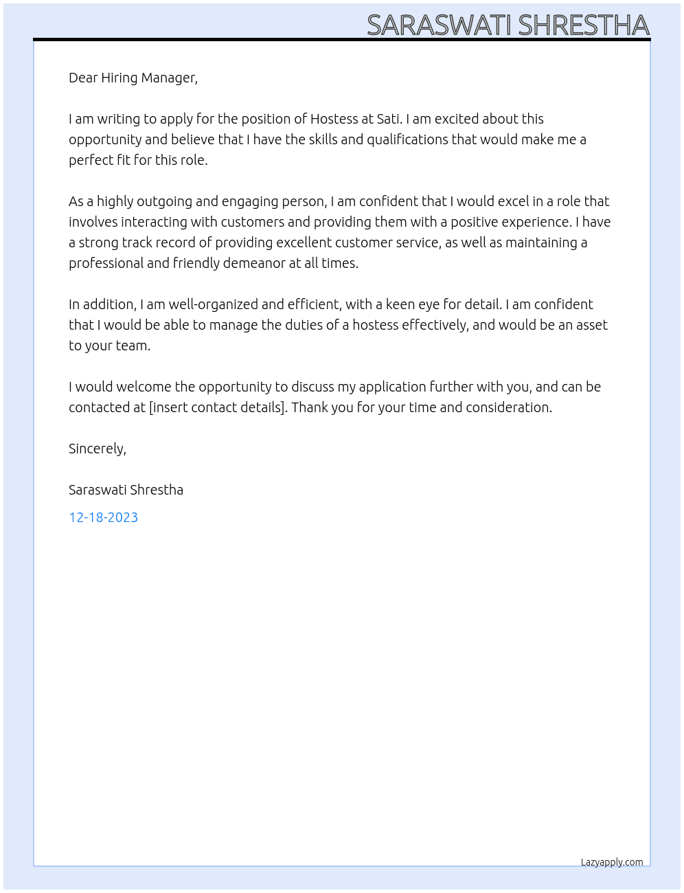 Hostess At Sati Cover Letter