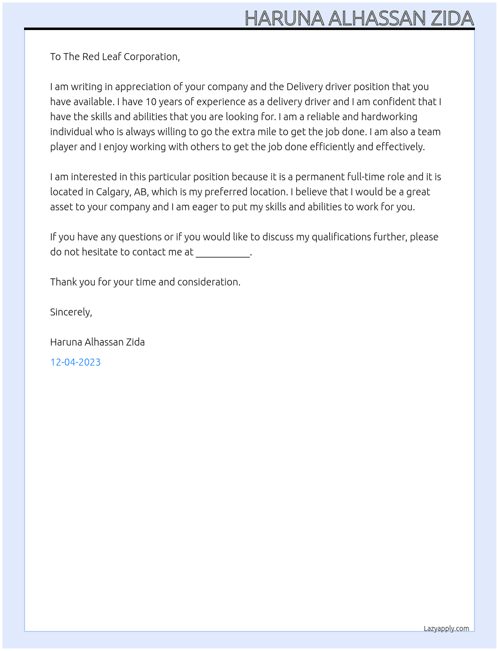 Delivery driver At Job Bank #2559630 Cover Letter