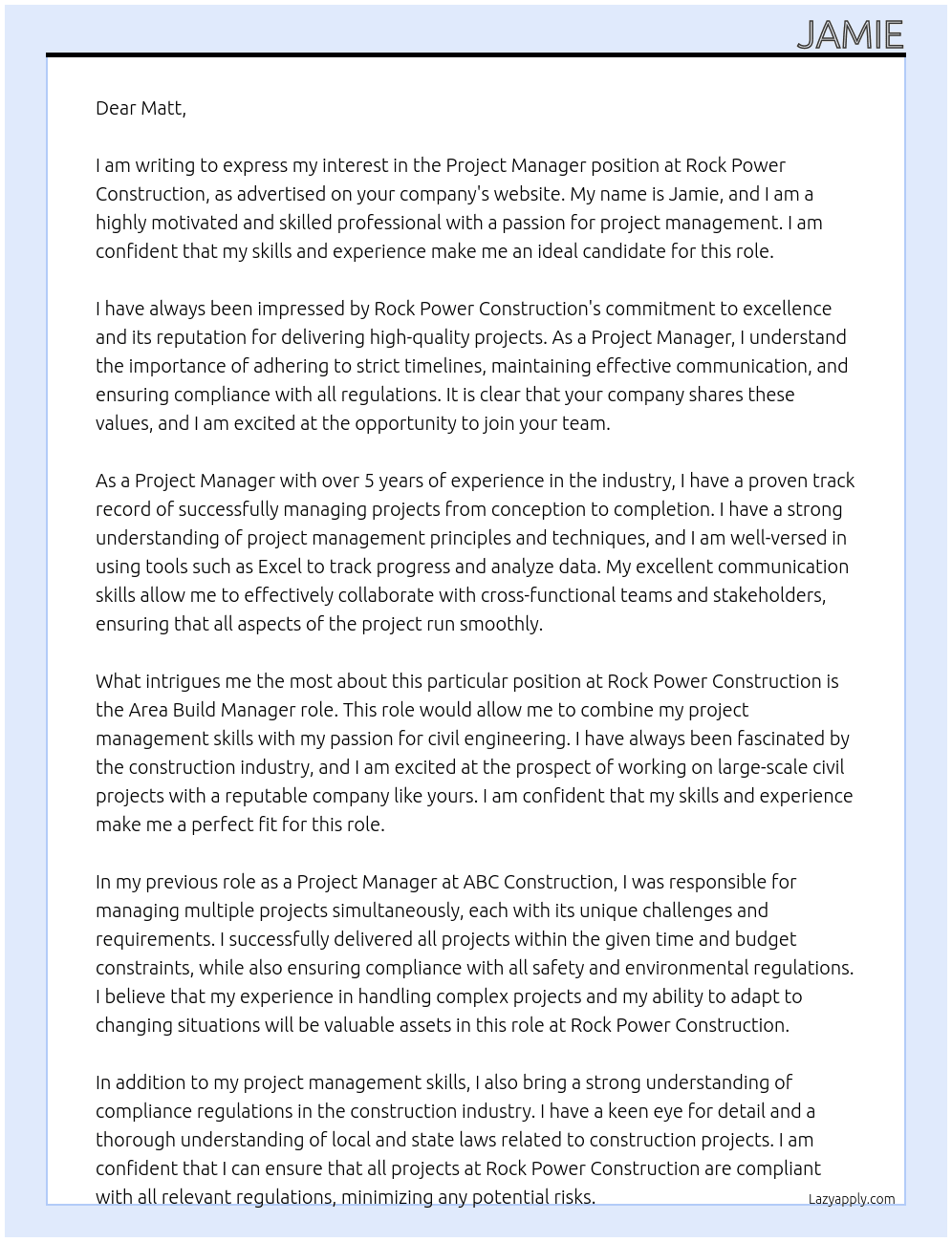 project manager At rock power construction Cover Letter