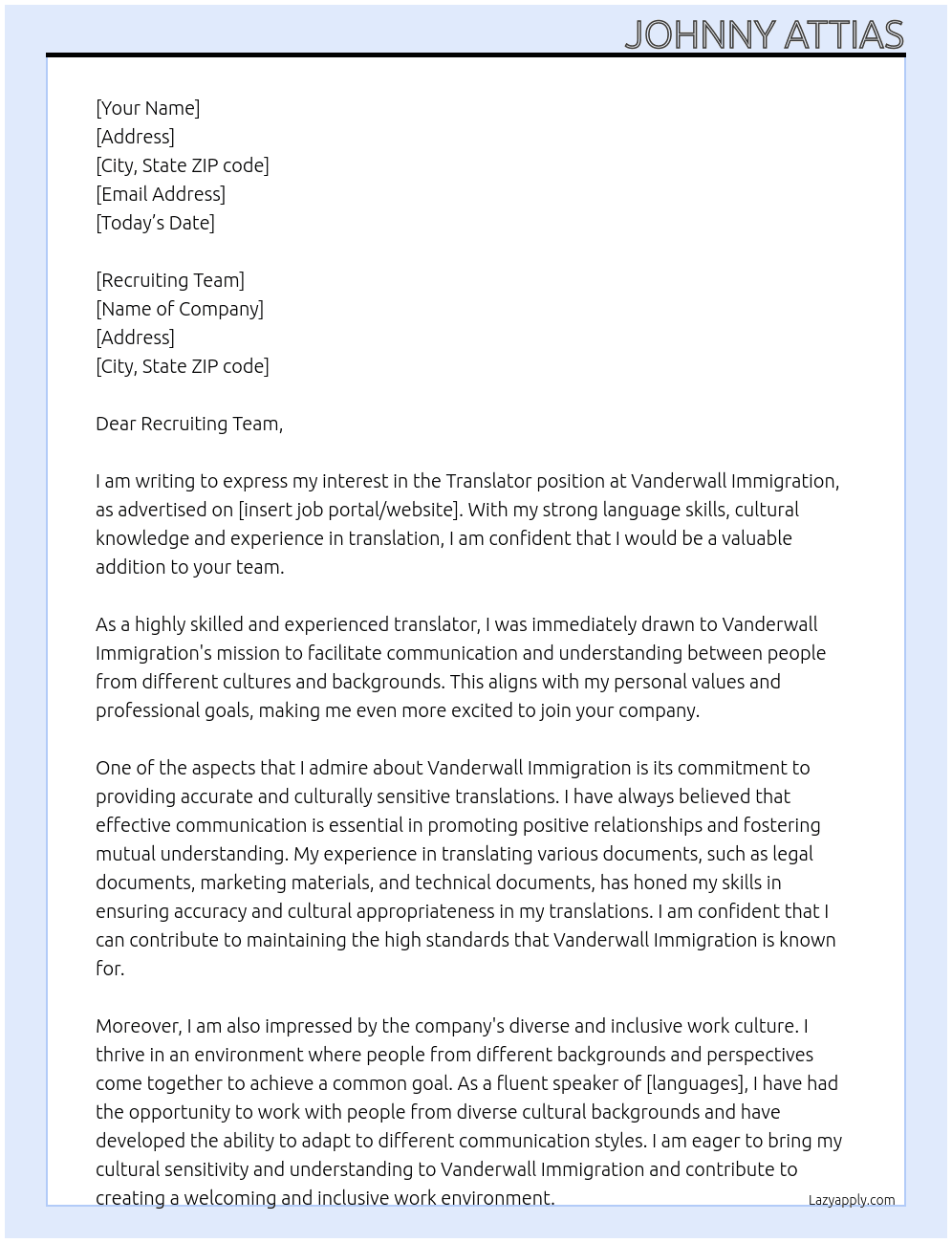 Translator At Vanderwall Immigration Cover Letter