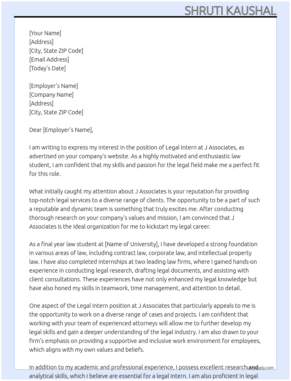 legal intern At  J associates Cover Letter